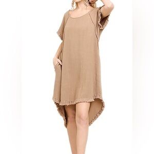 UMGEE U S A. LOVABLE  HIGH LOW, LINEN BLEND FRAYED HEM, BOHO DRESS, SIZE L